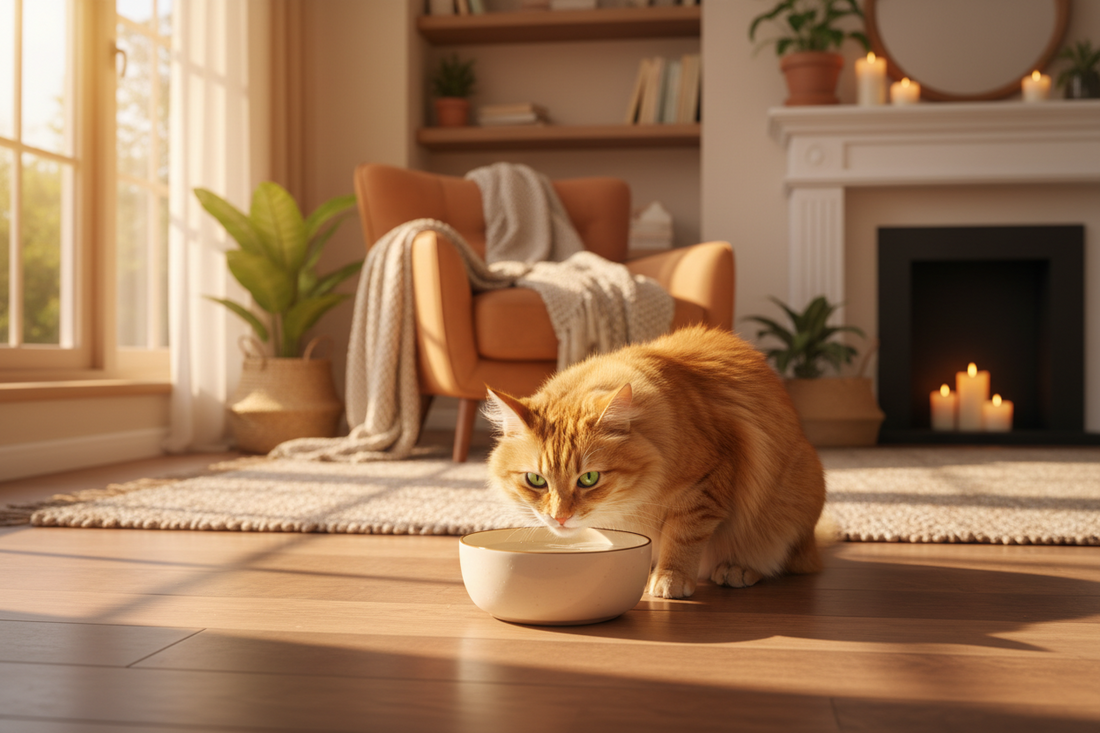 chat qui boit dans sa gamelle