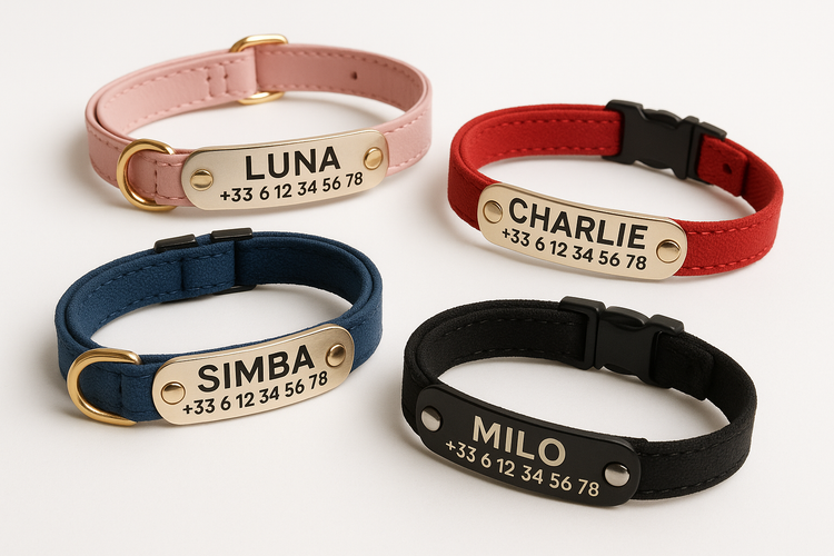 Colliers chat personnalisés avec gravure nom et téléphone