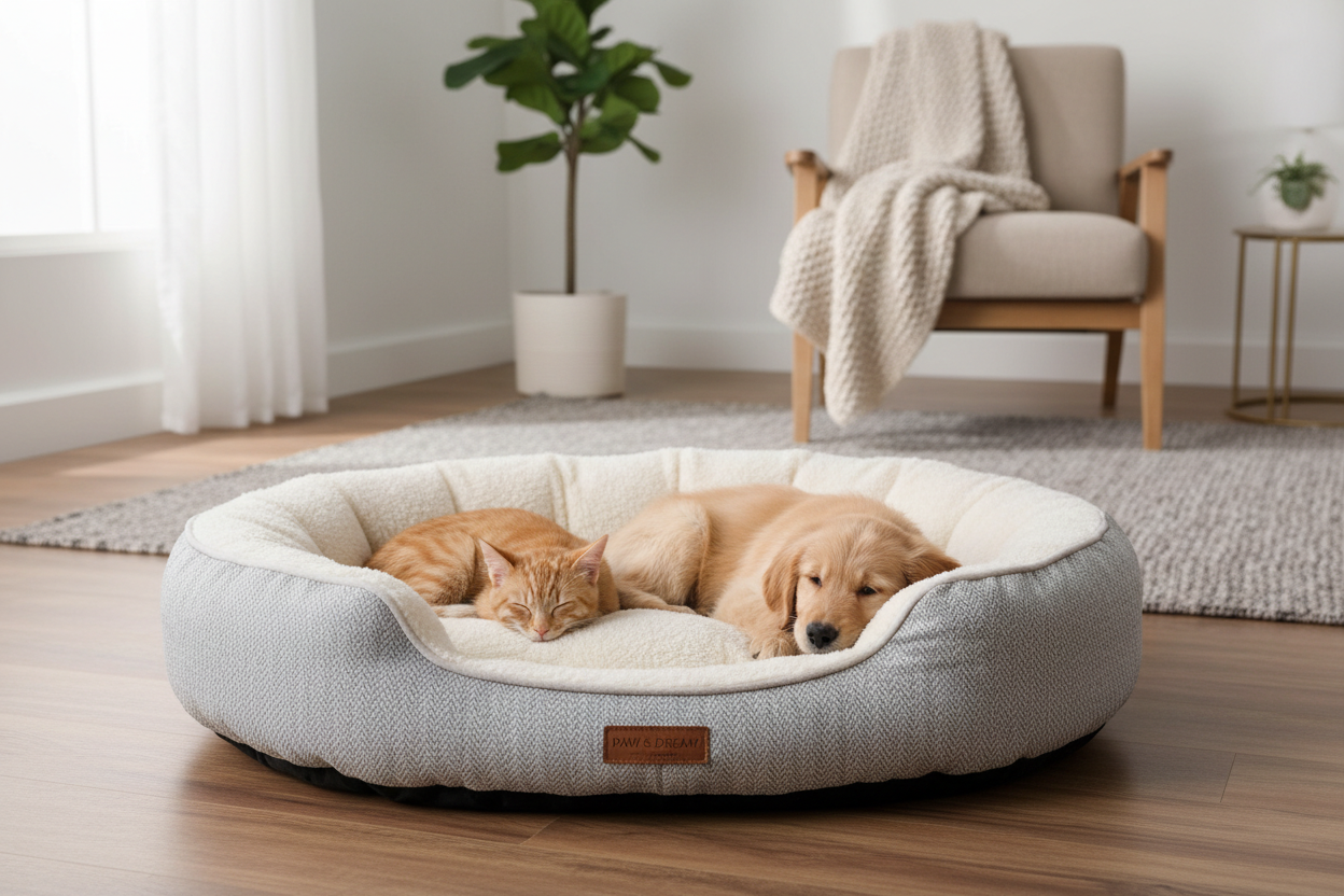 chien et chat qui dort dans leurs couchage confortable