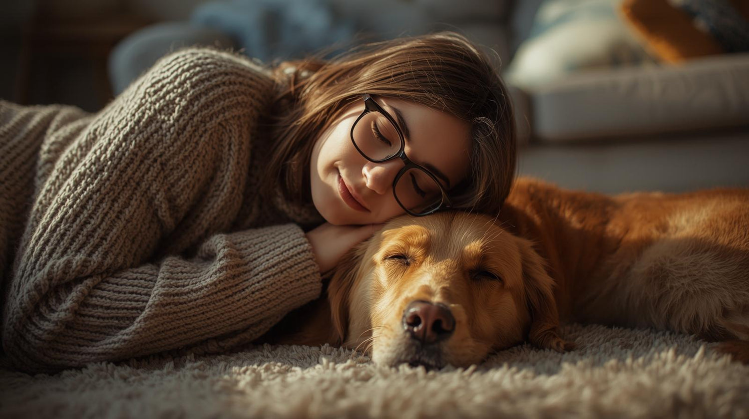 Jeune femme câlinant un chien — accessoires bien-être Coeur & Patte