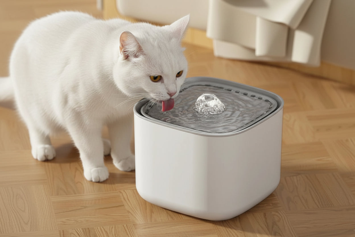 Chat blanc buvant de l'eau dans une fontaine à eau automatique pour chat avec eau en circulation
